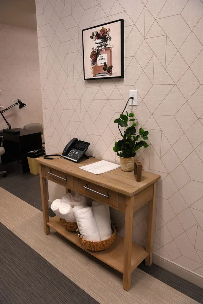 hallway table with phone, plant and art
