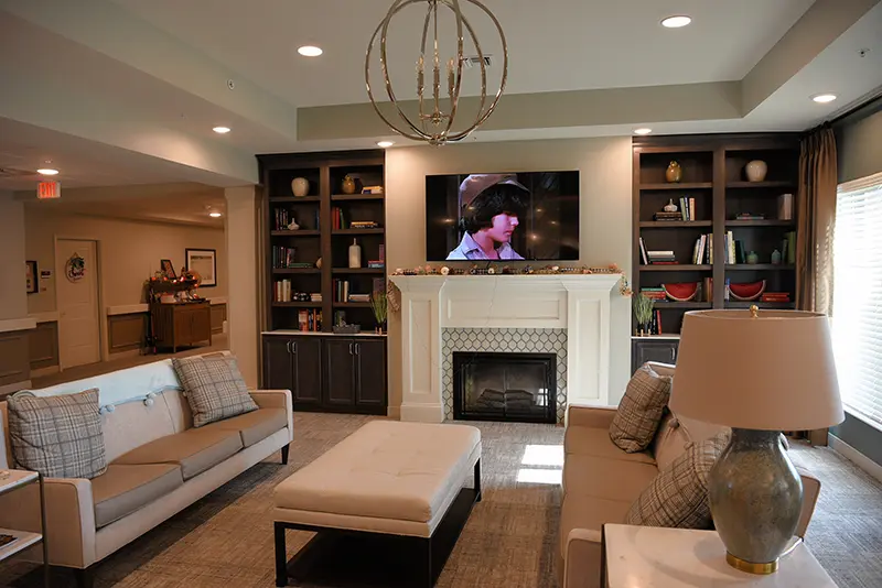 living room with fireplace and bookcases