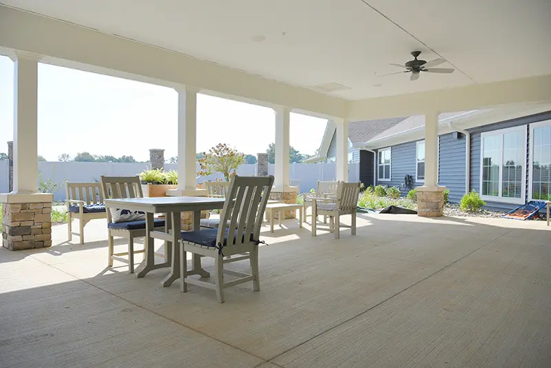outdoor patio with tables and seating