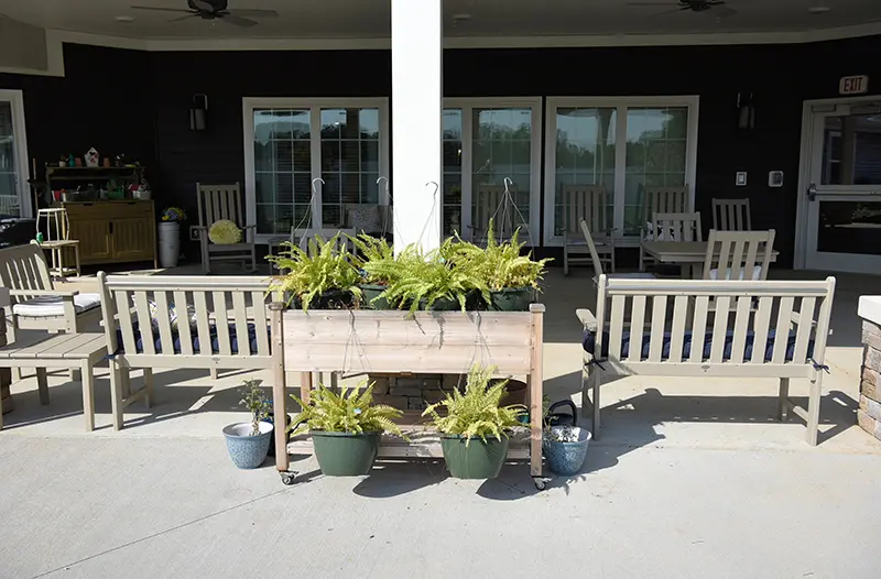 outdoor patio with shade and seating